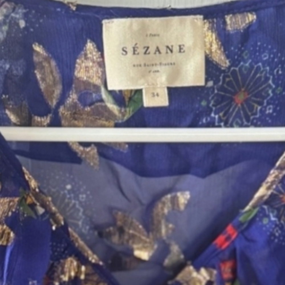 SÉZANE PRISCILLE Ruffle Neck Silk Electric Blue Floral Lurex Blouse 34 NWOT - Picture 9 of 14